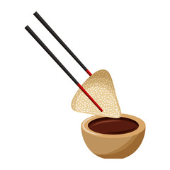 dumpling rice plate and soy sauce with sticks traditional vector illustration