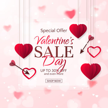 Vector template of sale banner for Valentine’s Day with red paper hearts, arrows and a frame. Holiday pink background for design of flyers with special offers. With place for text.