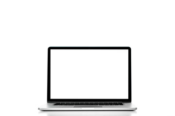 Laptop with blank white screen on white background.