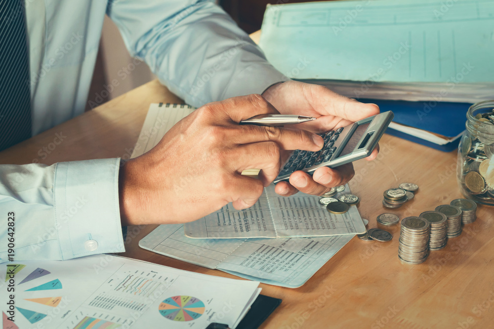 Poster accountant using calculator calculate budget for saving. concept finance and accounting