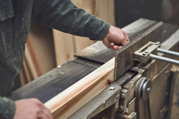 the man processes bar from a light tree on the jointer plane