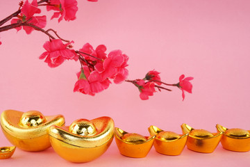 Chinese New Year background with festival decorations. Chinese characters means blessing, luck and prosperity