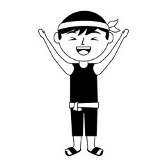 funny cartoon chinese man standing arms up vector illustration black and white design