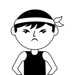 portrait cartoon angry man chinese with head band vector illustration black and white design