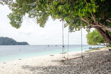 Wooden swing hanging from a tree on the beach near the waves of blue sea. Andaman Sea, Lipe, Satun, Thailand