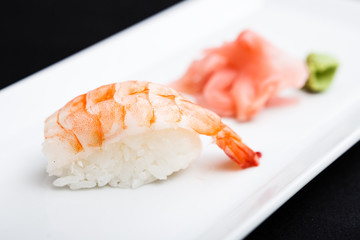 Shrimp sushi served on a plate