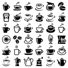 Coffee icon collection - vector outline illustration and silhouette - obrazy, fototapety, plakaty
