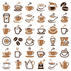 Coffee icon collection - vector outline illustration and silhouette