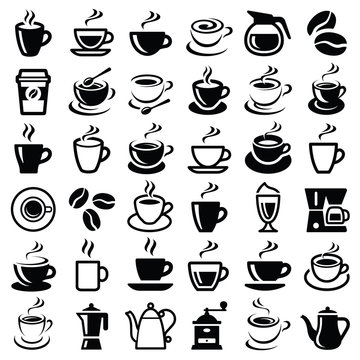 Coffee icon collection - vector outline illustration and silhouette