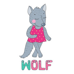 Cute wolf with closed eyes in pink dress