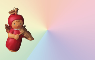 Simpatico angelo vestito di rosso che suona il violino e sfondo astratto