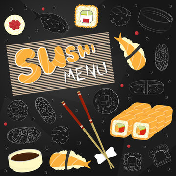 menu design with hand-drawn silhouettes of sushi and rolls