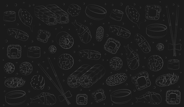 background with hand-drawn silhouettes of sushi and rolls