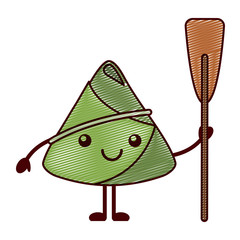 kawaii happy rice dumpling holding wooden oar vector illustration drawing design