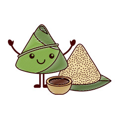 kawaii happy rice dumpling with sauce cartoon vector illustration drawing design
