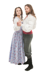 Beautiful couple woman and man in medieval clothes isolated