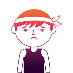 portrait cartoon sad man chinese with head band vector illustration