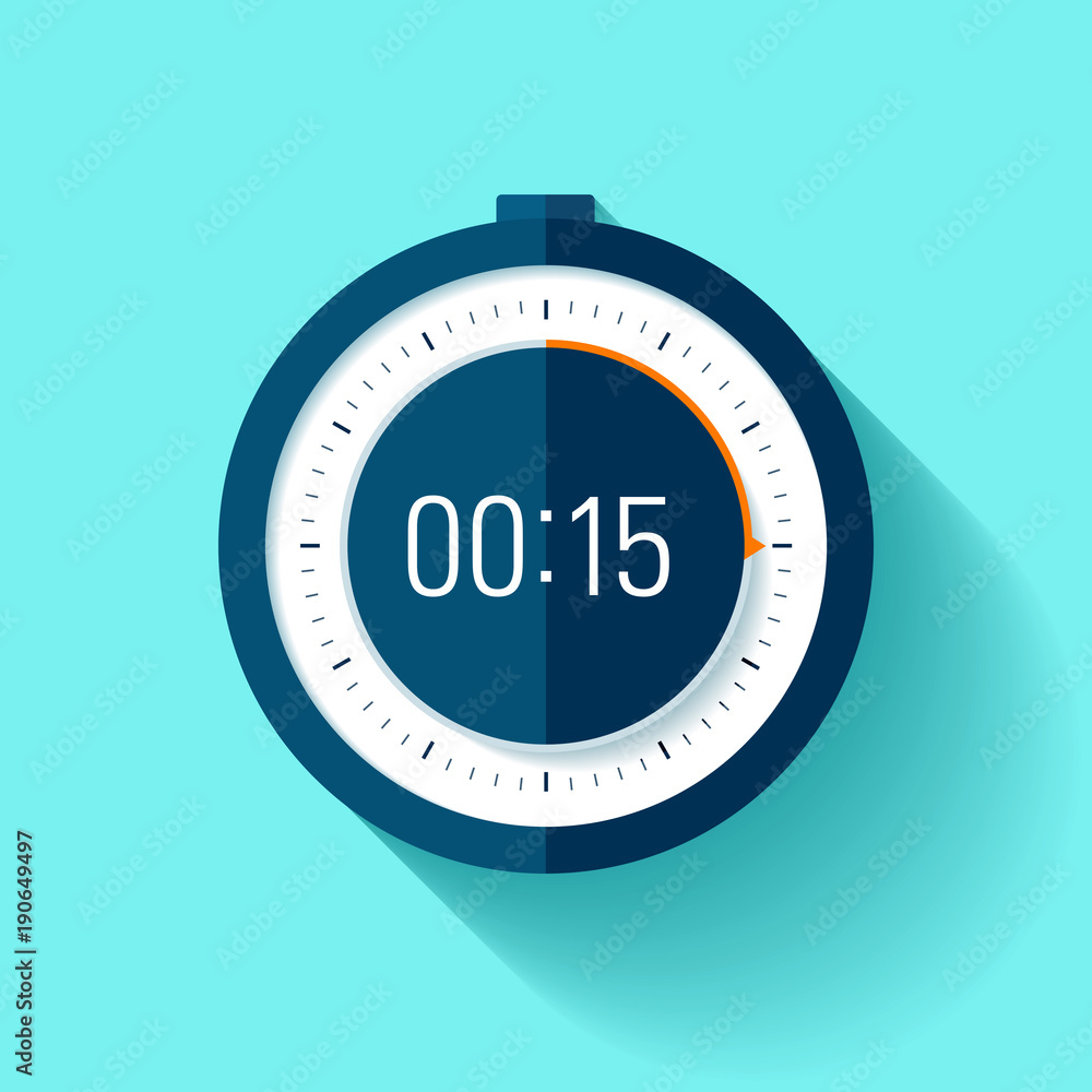 Poster stopwatch icon in flat style, timer on blue background. sport clock. vector design element for you p