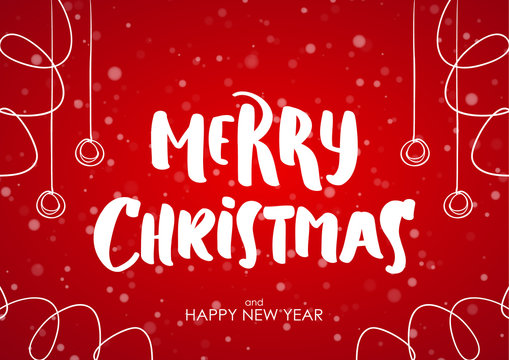 Merry Christmas and Happy New Year. Cartoon brush lettering with hand drawn decoration on red snowflake background.
