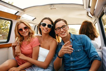 Group Of Friends Having Fun, Traveling In Car In Summer