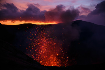 Eruption Yasur vulcano, sunset on the crater edge, Tanna, Vanuatu