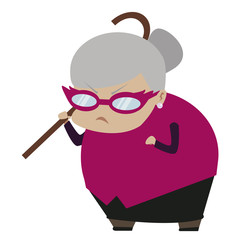 Angry grandmother slapping with a walking stick isolated on a white background