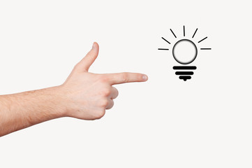 Pointing finger up on bulb as a symbol big idea. Having new creative idea. Problem solution metaphor. Flat design. Isolated on background. Thinking processes. Hand gesture Like.