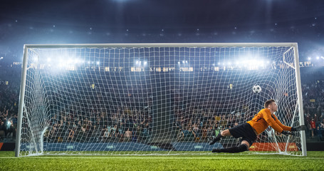 Soccer goalkeeper in action on the stadium