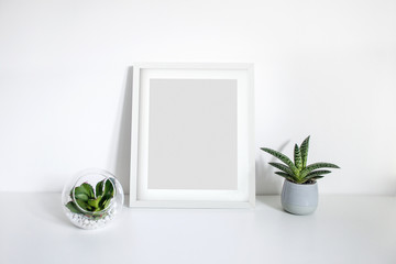 8x10 white portrait frame scene on desk with plants