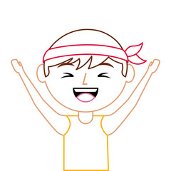 portrait cartoon laughing man chinese with head band vector illustration line color design
