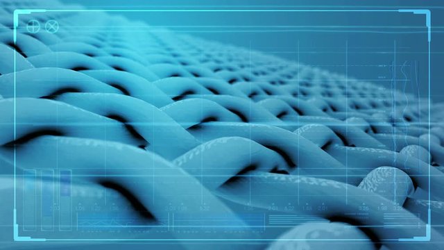 An extreme microscopic closeup pan of fabric being penetrated by white molecules overlaid with a technical data analysis interface