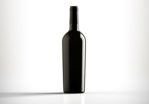 Black bottle of red wine, bordolese conical, still life on a white background.