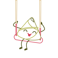 kawaii happy rice dumpling in swing play cartoon vector illustration line color design