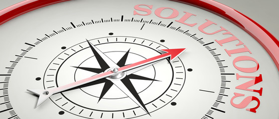 Solution concept. Compass red arrow pointing at word Solution. 3d illustration