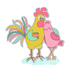 Cute rooster and hen sticker