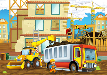 Obraz na płótnie Canvas cartoon scene with workers on construction site - builders doing different things - illustration for children
