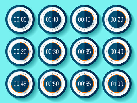 Stopwatch icons set in flat style, timer on blue background. Sport clock. From 0 to 1 minute. Vector design element for you project