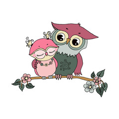Two cute owls fallen in love