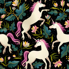 Seamless pattern with beautiful unicorns. Vector magic background for kids design.