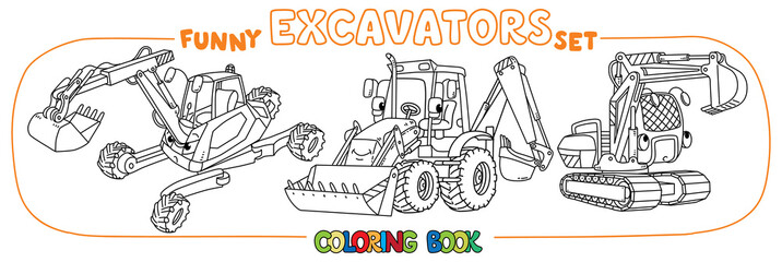 Fototapeta na wymiar Funny constuction excavator set. Coloring book