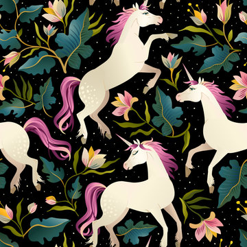 Fototapeta Seamless pattern with beautiful unicorns. Vector magic background for kids design.