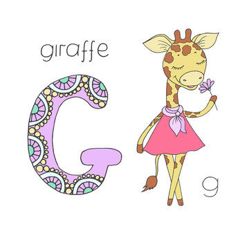 Cute giraffe with closed eyes in pink dress with peas
