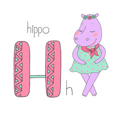 Cute hippo with closed eyes in blue dress