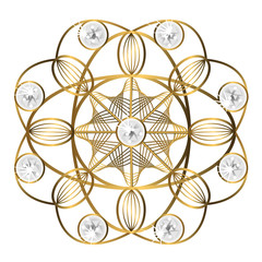 Golden filigree ornament with diamonds in it. Vector on a black background.