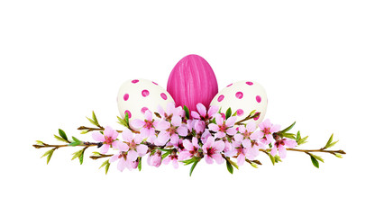 Spring twigs of peach flowers and early leaves with painted eggs in line Easter arrangement