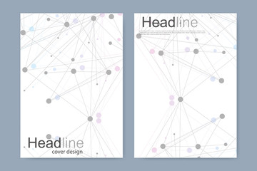 Scientific brochure design template. Vector flyer layout, Molecular structure with connected lines and dots. Scientific pattern atom DNA with elements for magazine, leaflet, cover, poster design.