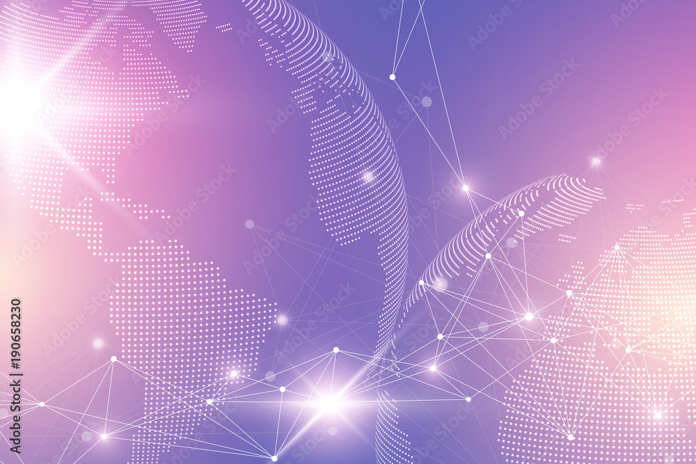 Poster Virtual graphic background with world globes. Global network connection. Digital data visualization. Connection two hemisphere of the planet Earth. Vector illustration.