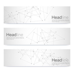 Scientific set of modern vector banners. DNA molecule structure with connected lines and dots. Science vector background. Medical, tecnology, chemistry design.