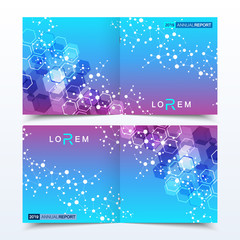 Scientific templates square brochure, magazine, leaflet , flyer, cover, booklet, annual report. Scientific concept for medical, technology, chemistry. Structure molecule and communication. Dna, atom.