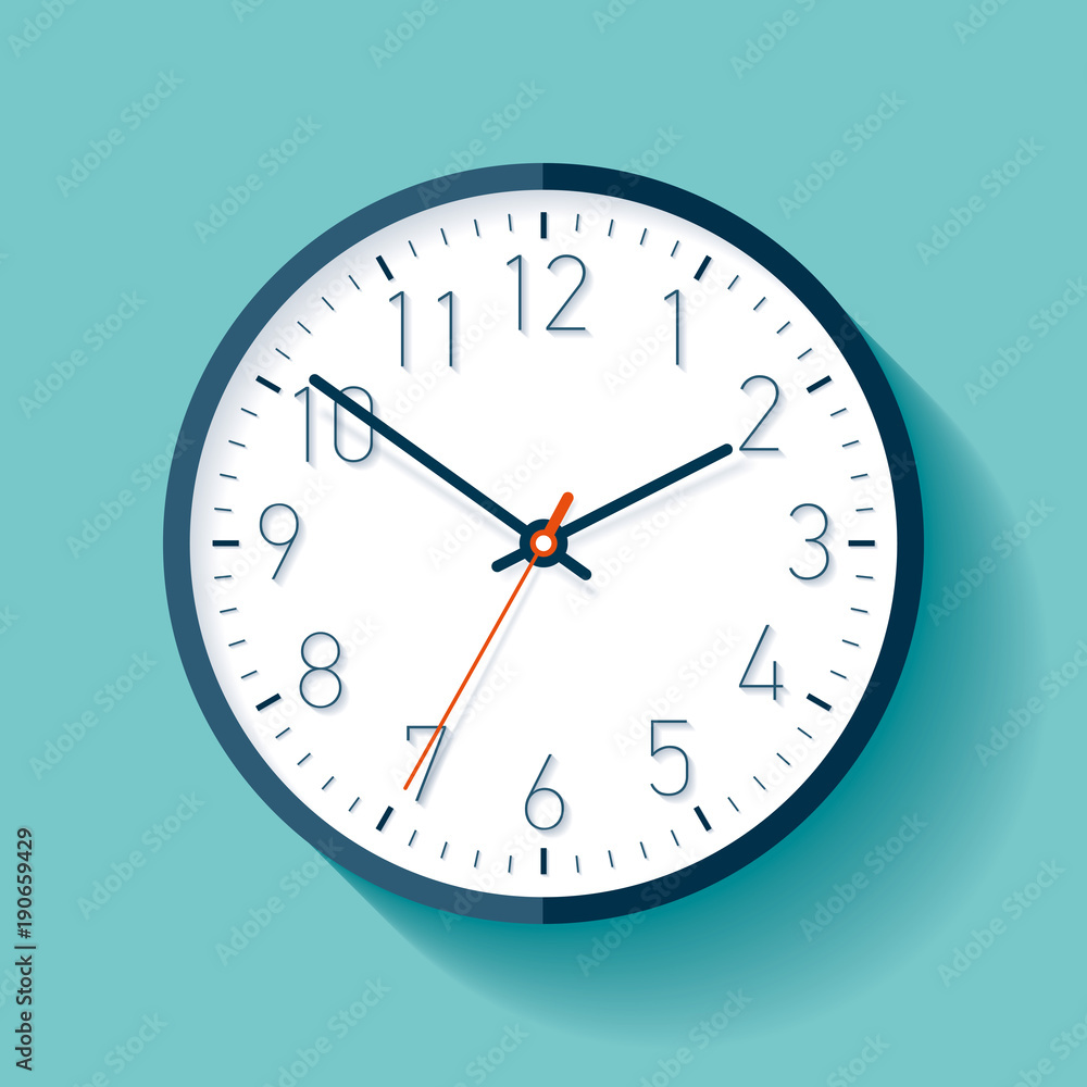 Poster clock icon in flat style with numbers, timer on turquoise background. business watch. vector design 